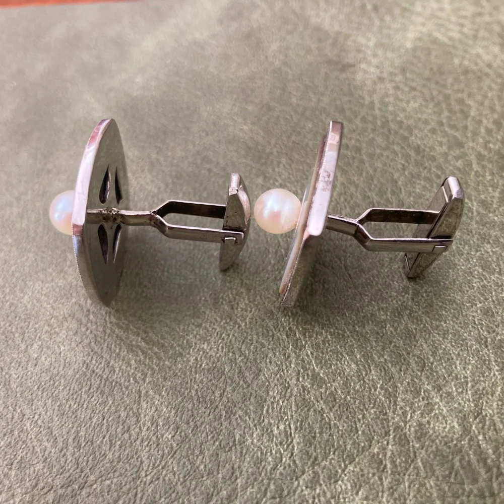 Vintage Sterling Mother of Pearl & Pearl Cufflinks + Tie Bar Set